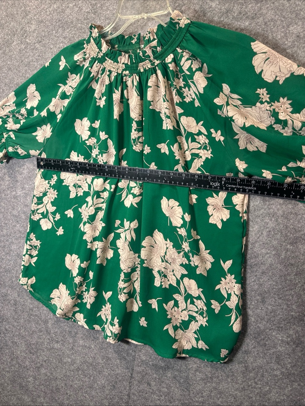 Sienna Sky Top Womens Medium Green Floral Ruffle Neck Puff Sleeve Office Blouse - Picture 4 of 16